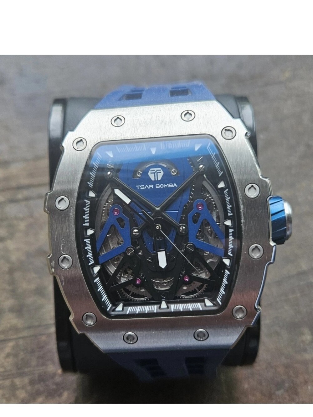 TSAR BOMBA Skeleton Tonneau Automatic Wristwatch Blue Silicone Strap Model TB82